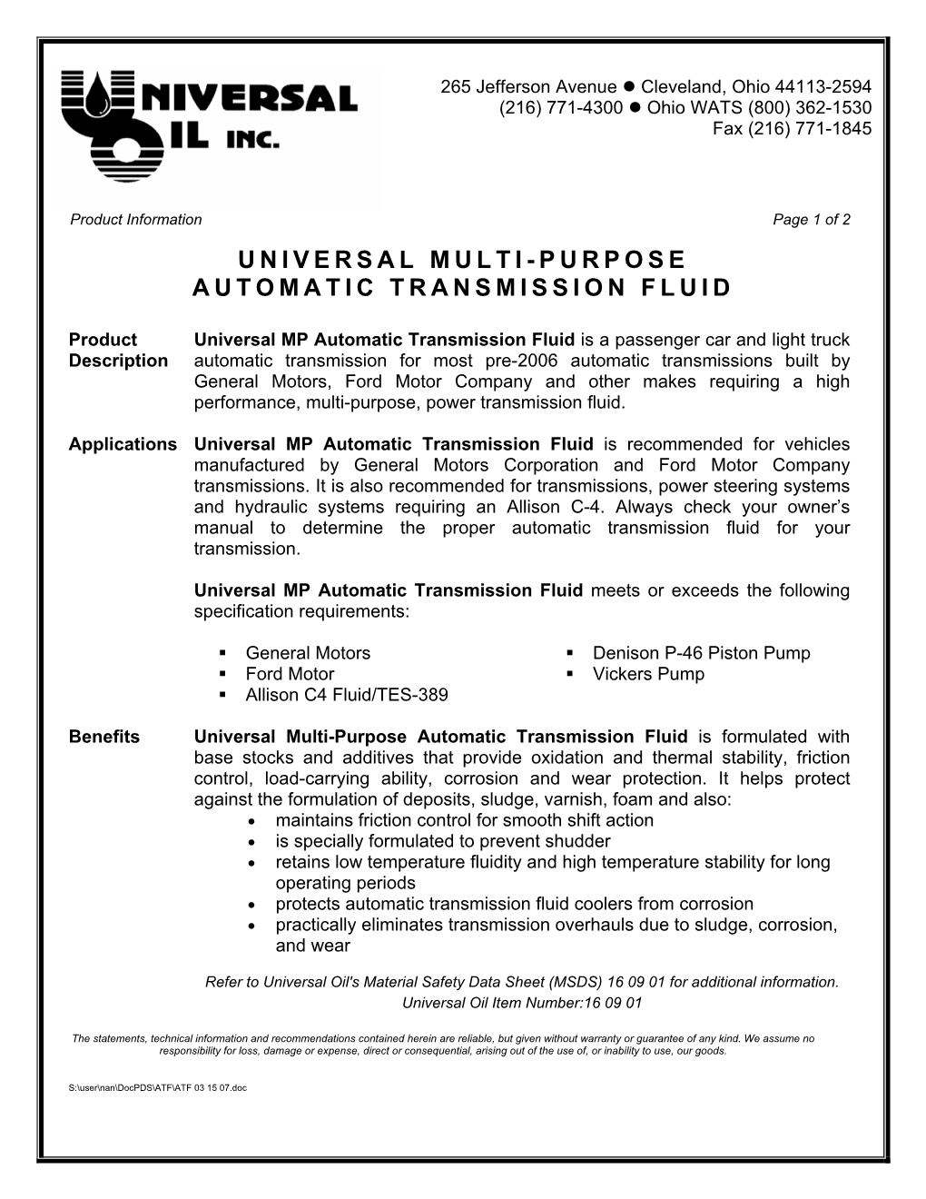 Universal Multi-Purpose Automatic Transmission Fluid