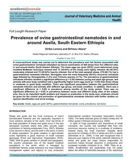 Prevalence of Ovine Gastrointestinal Nematodes in and Around Asella, South Eastern Ethiopia