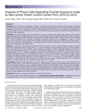 Research Analysis of Phone Calls Regarding Fluoride Exposure Made to New Jersey Poison Control Center from 2010 to 2012