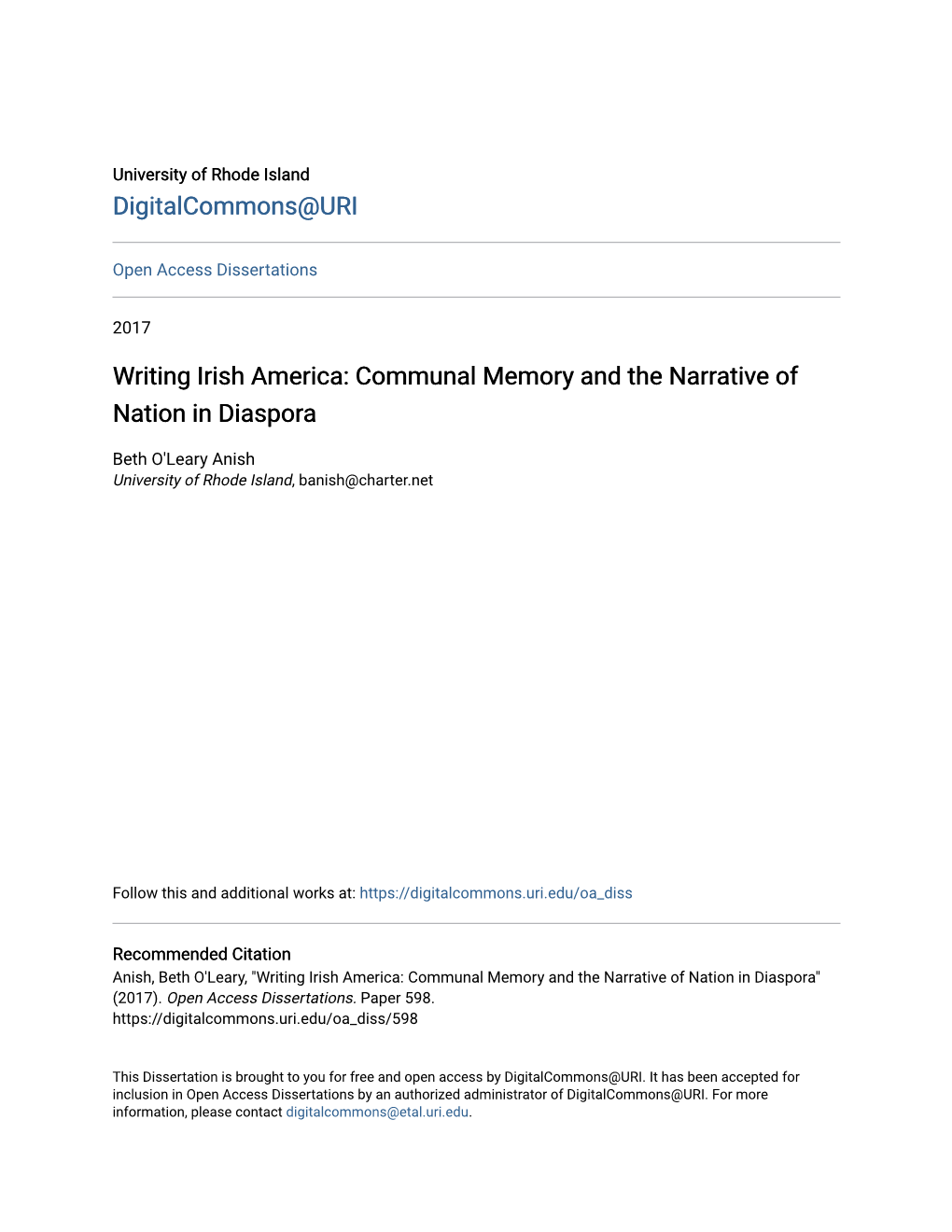 Writing Irish America: Communal Memory and the Narrative of Nation in Diaspora