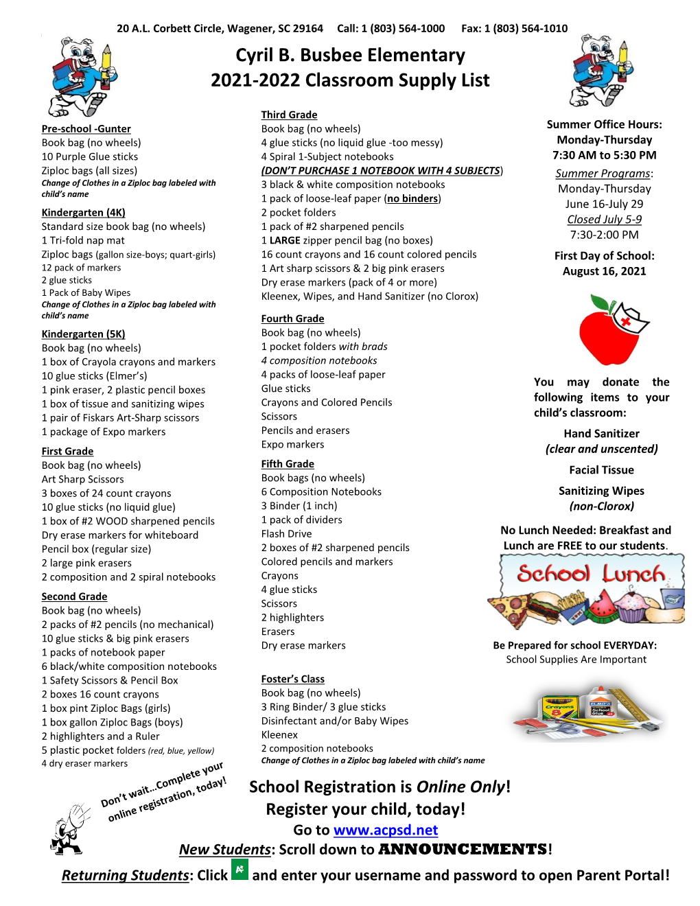 Cyril B. Busbee Elementary 2021-2022 Classroom Supply List