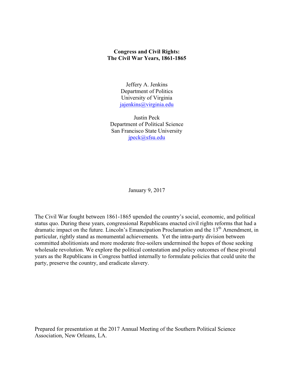 Congress and Civil Rights: the Civil War Years, 1861-1865 Jeffery A