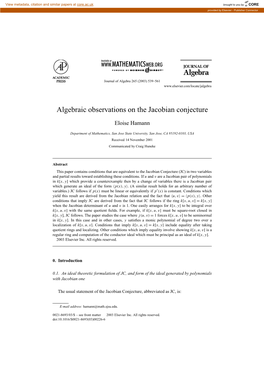 Algebraic Observations on the Jacobian Conjecture