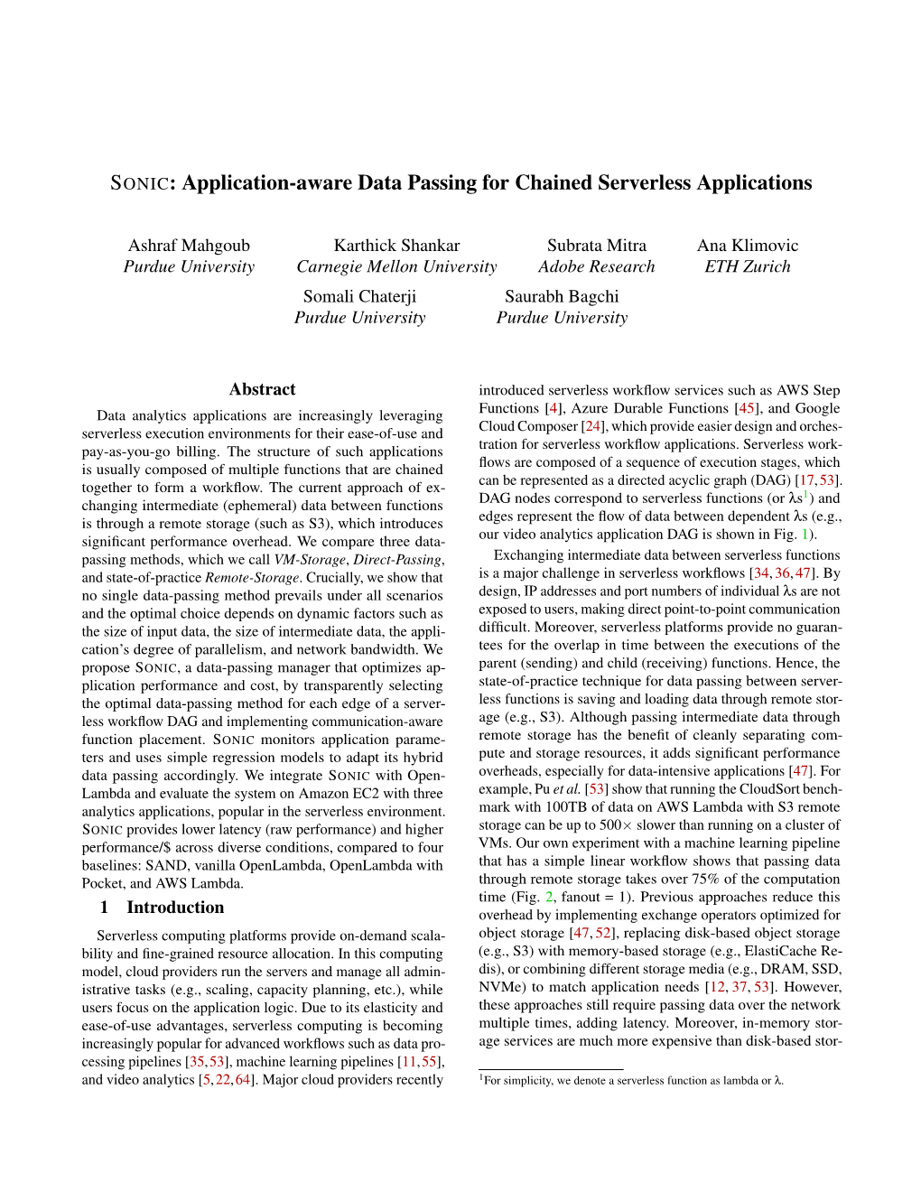 SONIC: Application-Aware Data Passing for Chained Serverless Applications