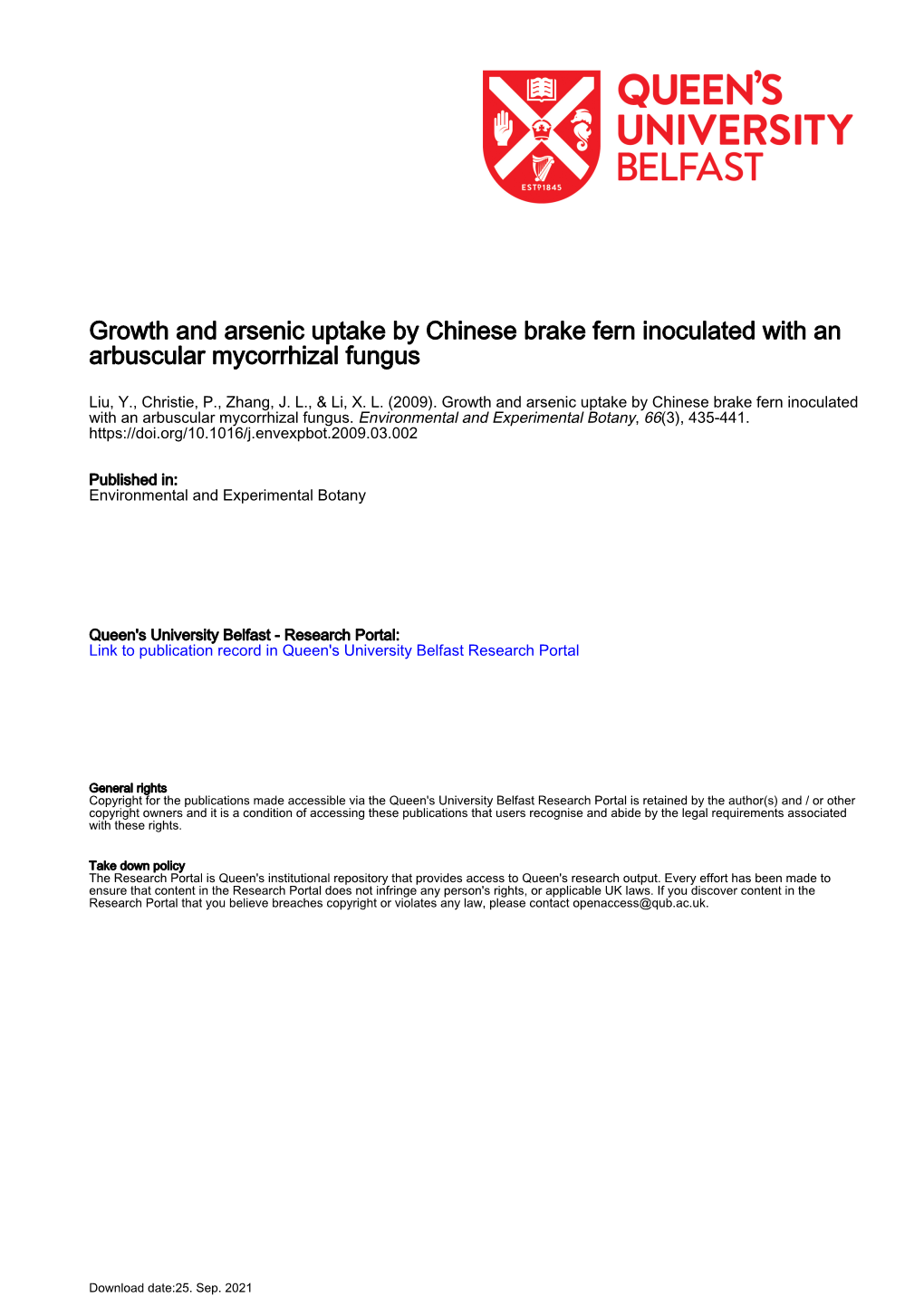 Growth and Arsenic Uptake by Chinese Brake Fern Inoculated with an Arbuscular Mycorrhizal Fungus