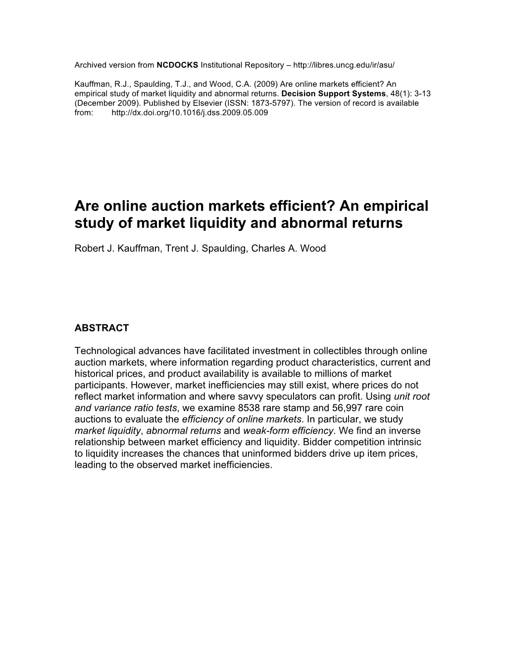 Are Online Auction Markets Efficient? an Empirical Study of Market Liquidity and Abnormal Returns