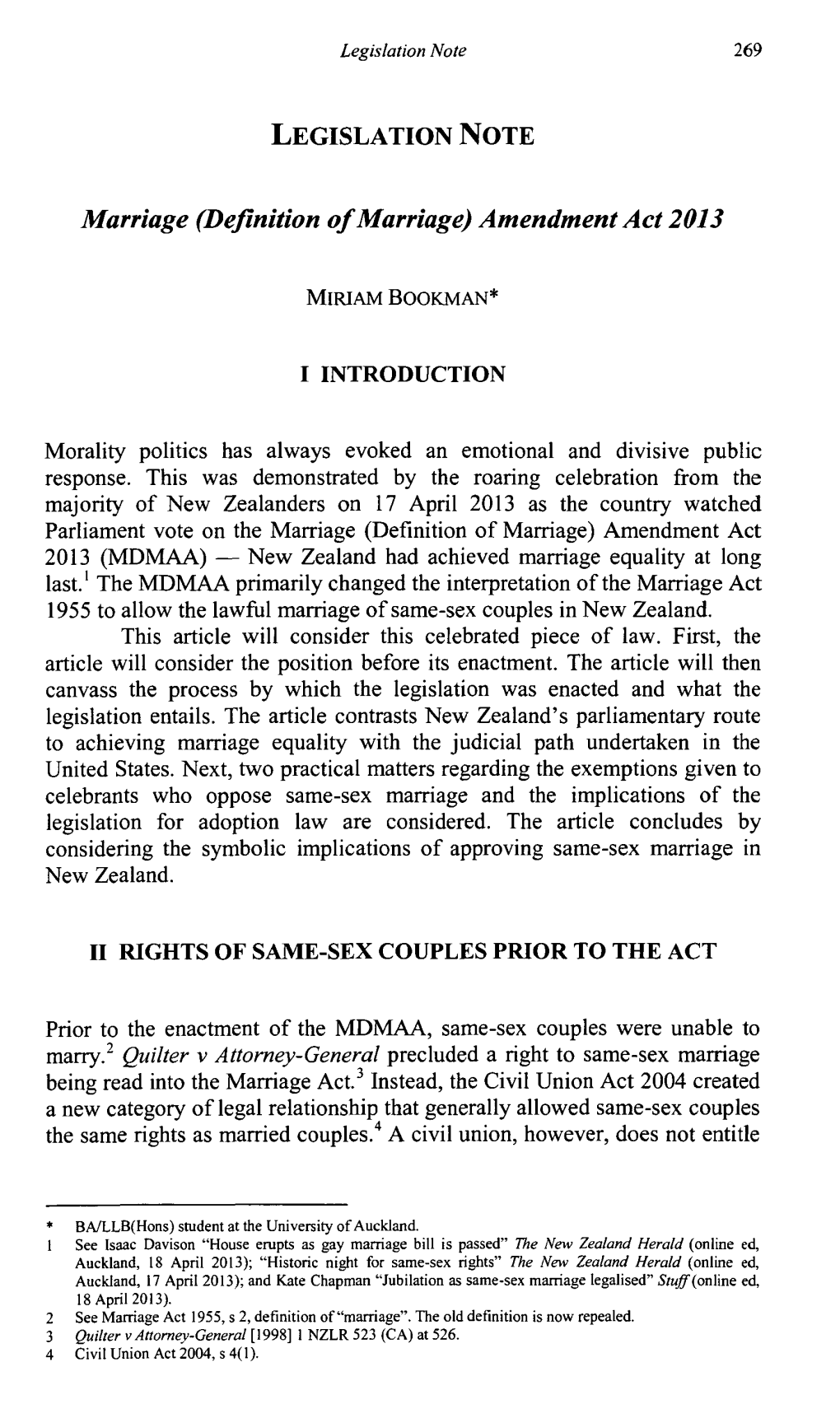 LEGISLATION NOTE Marriage (Definition of Marriage) Amendment Act 2013