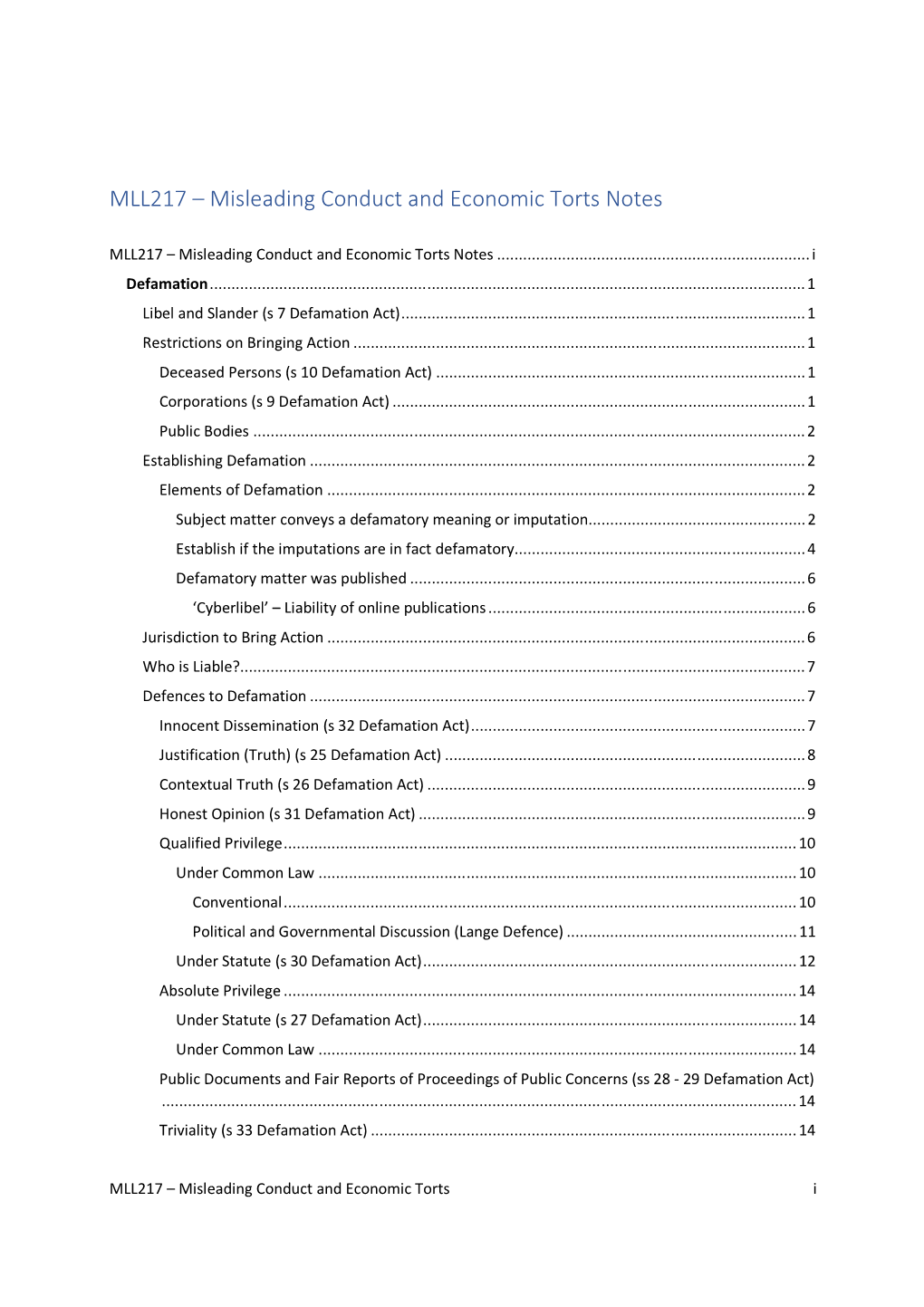 MLL217 – Misleading Conduct and Economic Torts Notes