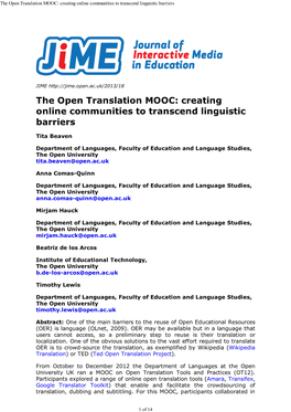 The Open Translation MOOC: Creating Online Communities to Transcend Linguistic Barrie Rs