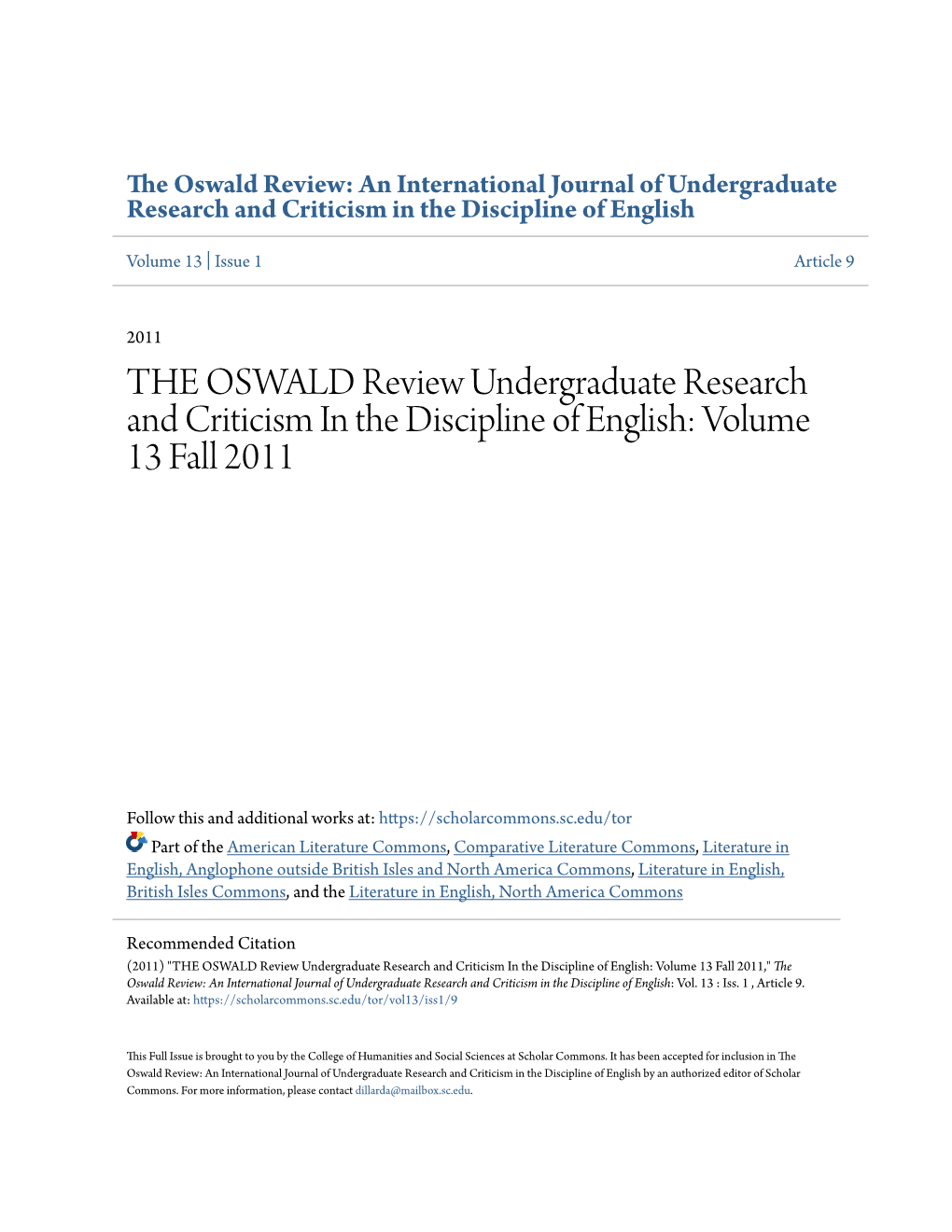 THE OSWALD Review Undergraduate Research and Criticism in the Discipline of English: Volume 13 Fall 2011