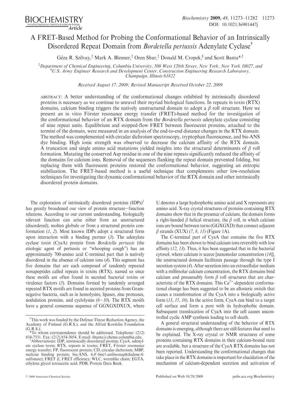 A FRET-Based Method for Probing the Conformational Behavior of an Intrinsically Disordered Repeat Domain from Bordetella Pertussis Adenylate Cyclase† G�Eza R