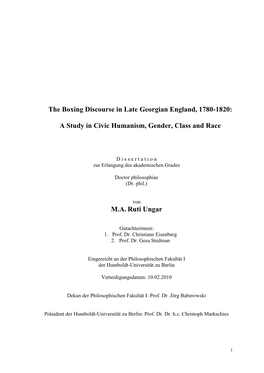 The Boxing Discourse in Late Georgian England, 1780-1820: A