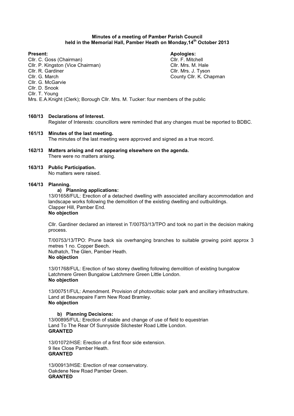 Minutes of a Meeting of Pamber Parish Council Held in the Memorial Hall, Pamber Heath on Monday,14Th October 2013 Present: Apolo