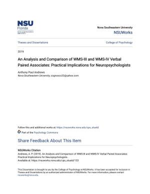 An Analysis and Comparison of WMS-III and WMS-IV Verbal Paired Associates: Practical Implications for Neuropsychologists