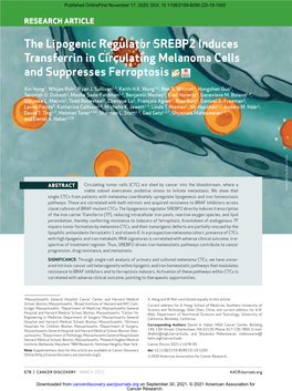 The Lipogenic Regulator SREBP2 Induces Transferrin in Circulating Melanoma Cells and Suppresses Ferroptosis