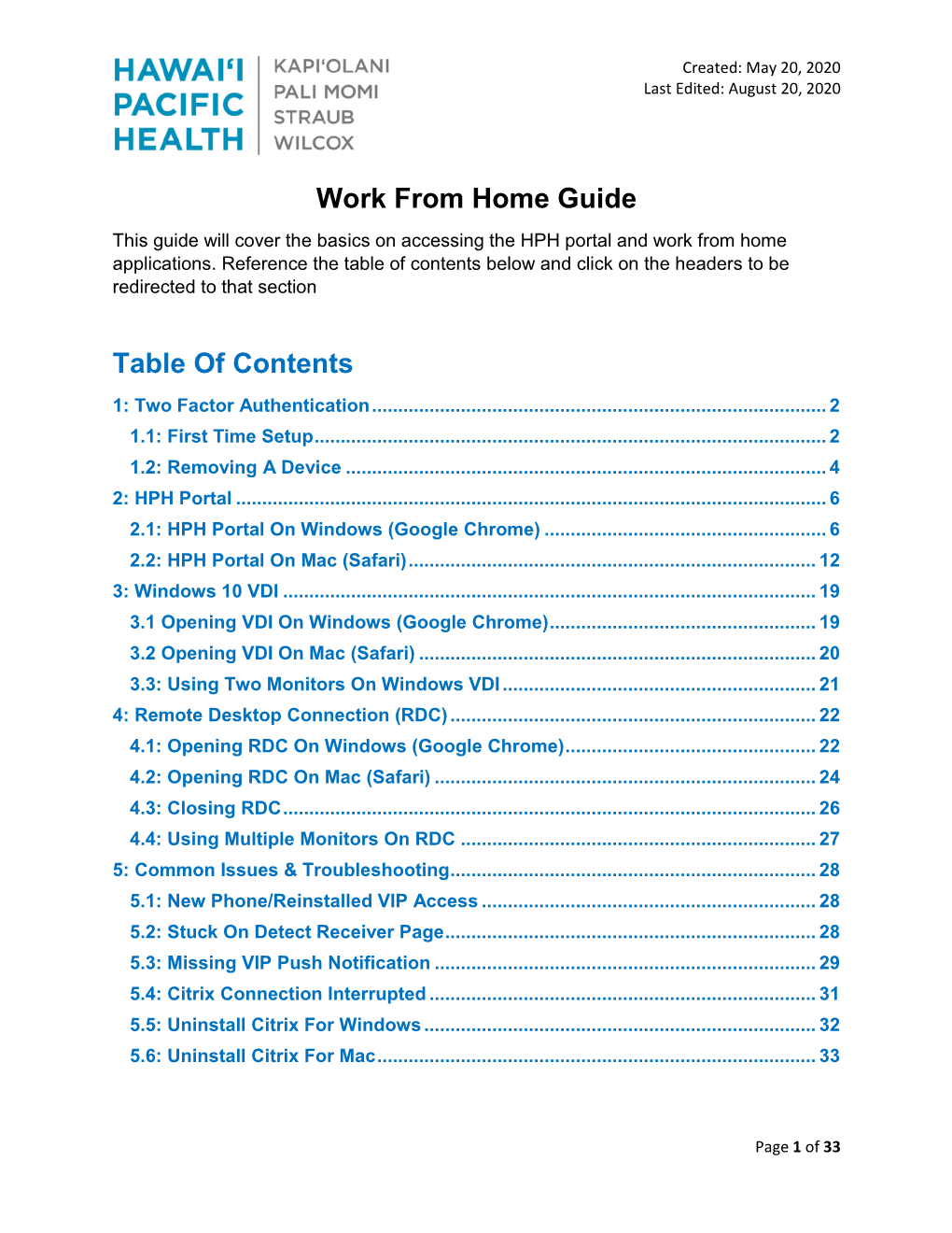 Work from Home Guide Table of Contents