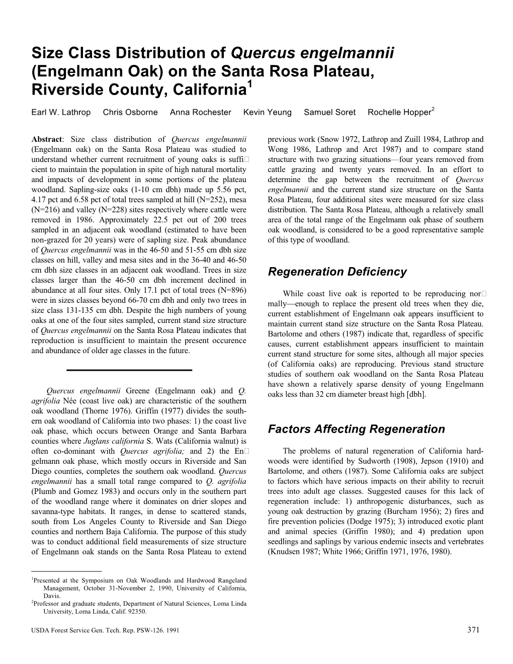 Size Class Distribution of Quercus Engelmannii (Engelmann Oak) on the Santa Rosa Plateau, Riverside County, California1