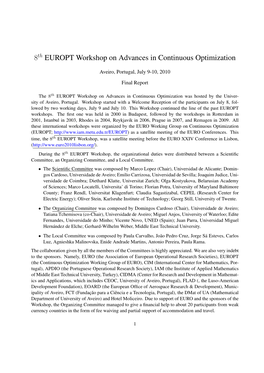 Report on 8Th EUROPT Workshop on Advances in Continuous