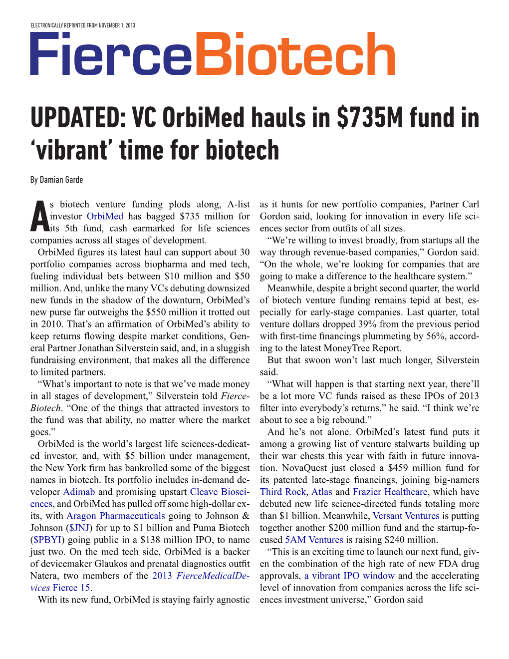 UPDATED: VC Orbimed Hauls in $735M Fund in 'Vibrant' Time for Biotech