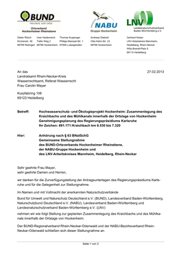 An Das 27.02.2013 Landratsamt Rhein-Neckar-Kreis Wasserrechtsamt, Referat Wasserrecht Frau Carolin Mayer