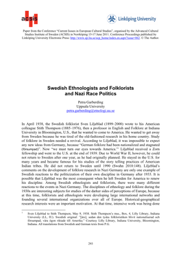 Swedish Ethnologists and Folklorists and Nazi Race Politics
