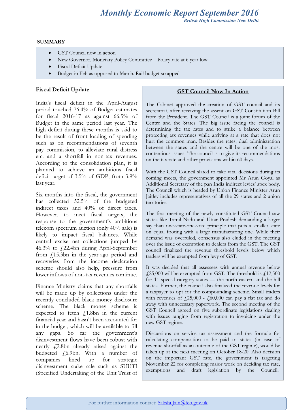 India Monthly Economic Report