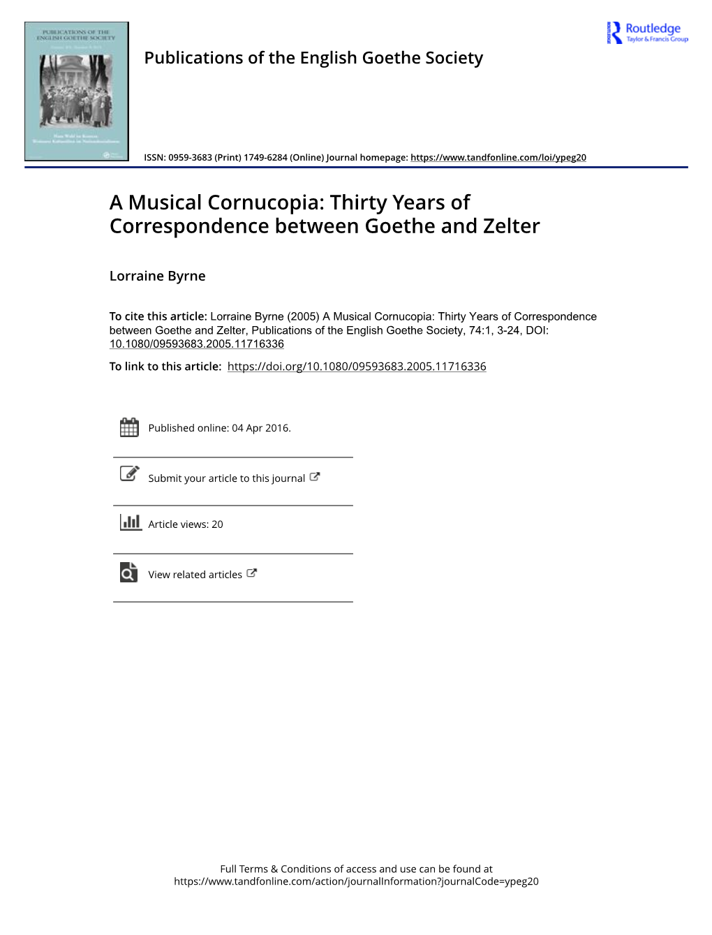 A Musical Cornucopia: Thirty Years of Correspondence Between Goethe and Zelter