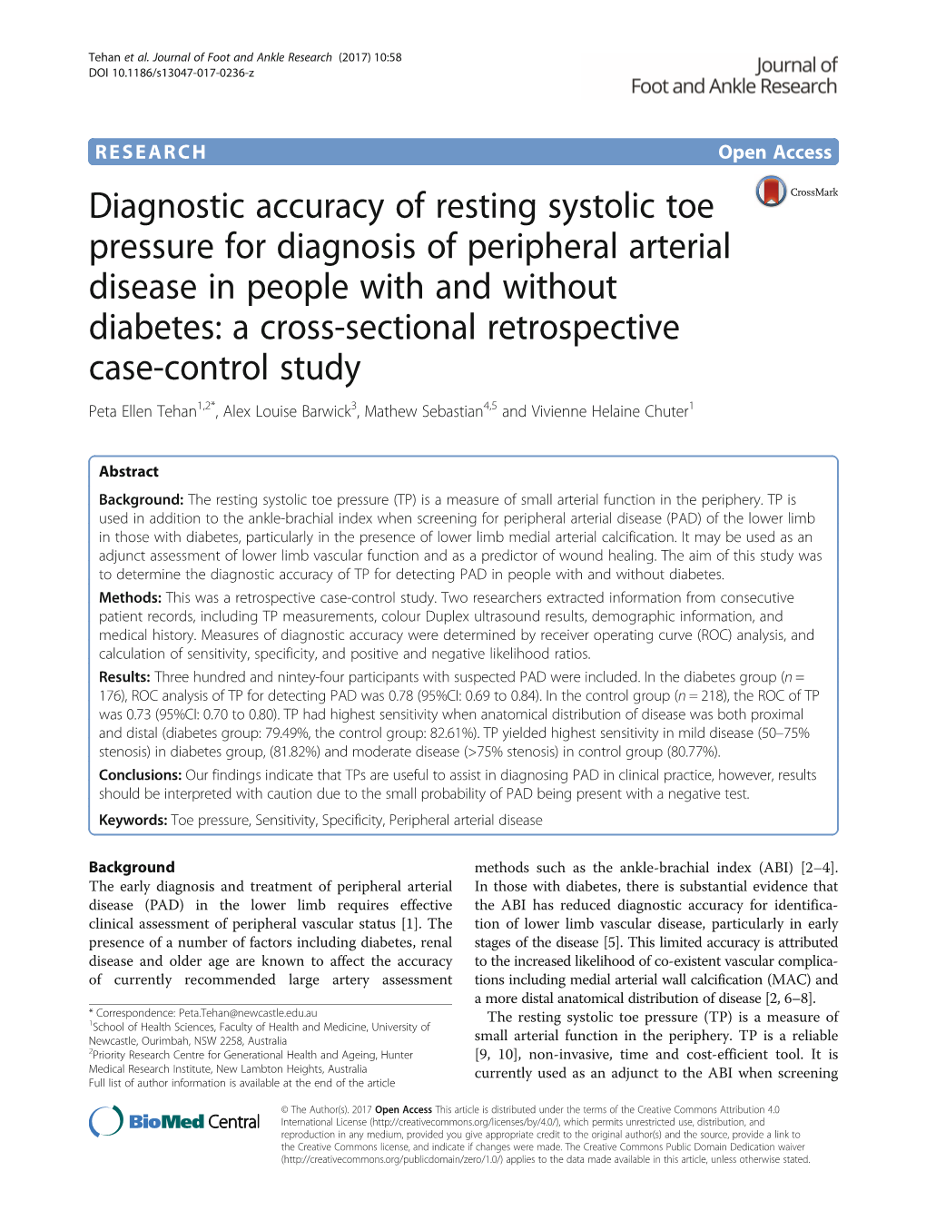 Diagnostic Accuracy of Resting Systolic Toe Pressure for Diagnosis Of