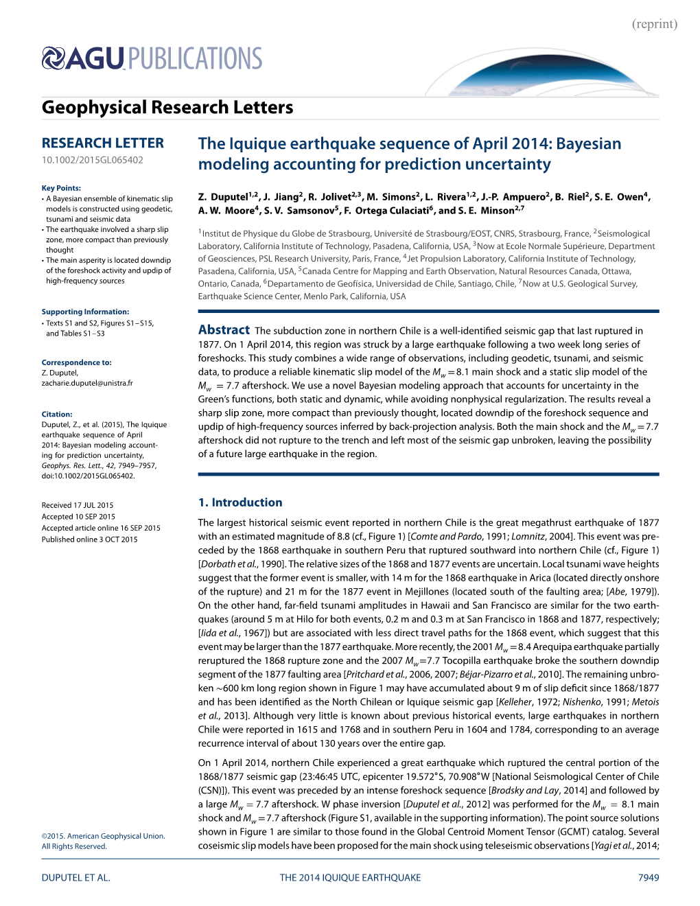 The Iquique Earthquake Sequence of April 2014: Bayesian 10.1002/2015GL065402 Modeling Accounting for Prediction Uncertainty