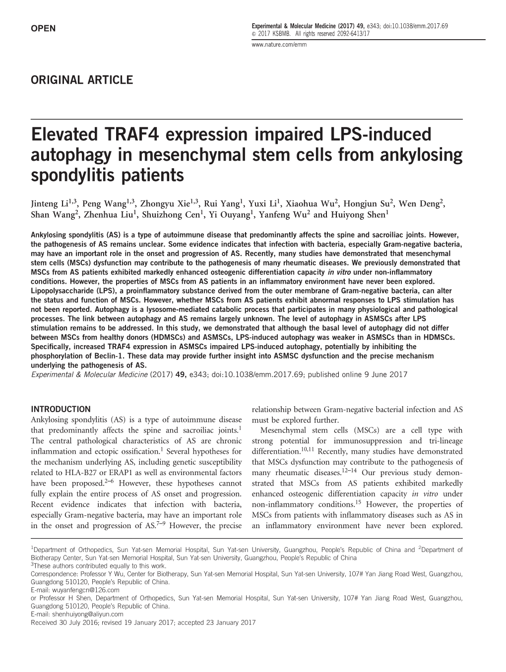 Elevated TRAF4 Expression Impaired LPS-Induced Autophagy in Mesenchymal Stem Cells from Ankylosing Spondylitis Patients