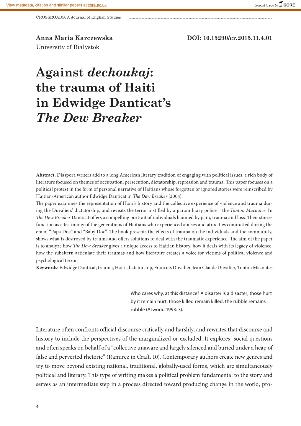 Against Dechoukaj: the Trauma of Haiti in Edwidge Danticat's the Dew