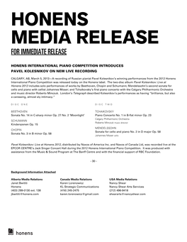 Honens Media Release for Immediate Release