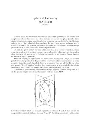 Spherical Geometry MATH430 Fall 2014