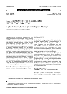 Journal of Agribusiness and Rural Development MANAGEMENT of FOOD ALLERGENS in the FOOD INDUSTRY*