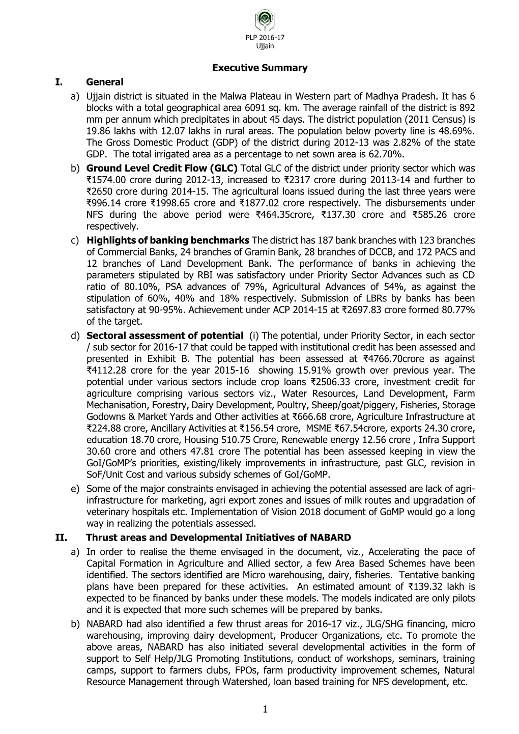 1 Executive Summary I. General A) Ujjain District Is Situated in the Malwa Plateau in Western Part of Madhya Pradesh. It Has 6