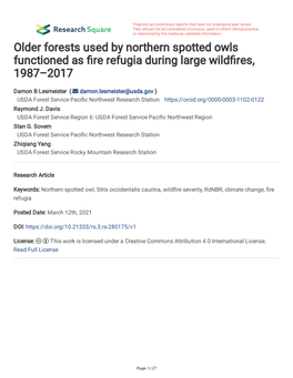 Older Forests Used by Northern Spotted Owls Functioned As Re Refugia