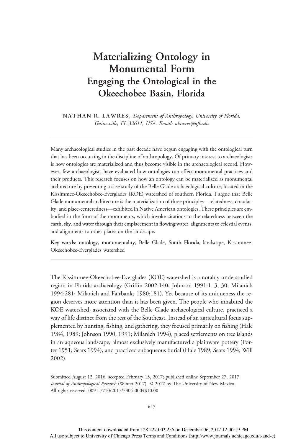 Engaging the Ontological in the Okeechobee Basin, Florida