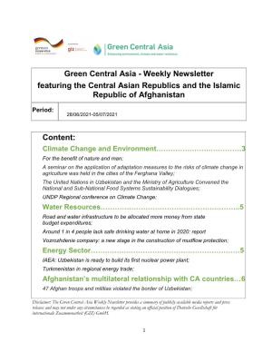 Weekly Newsletter Featuring the Central Asian Republics and the Islamic Republic of Afghanistan
