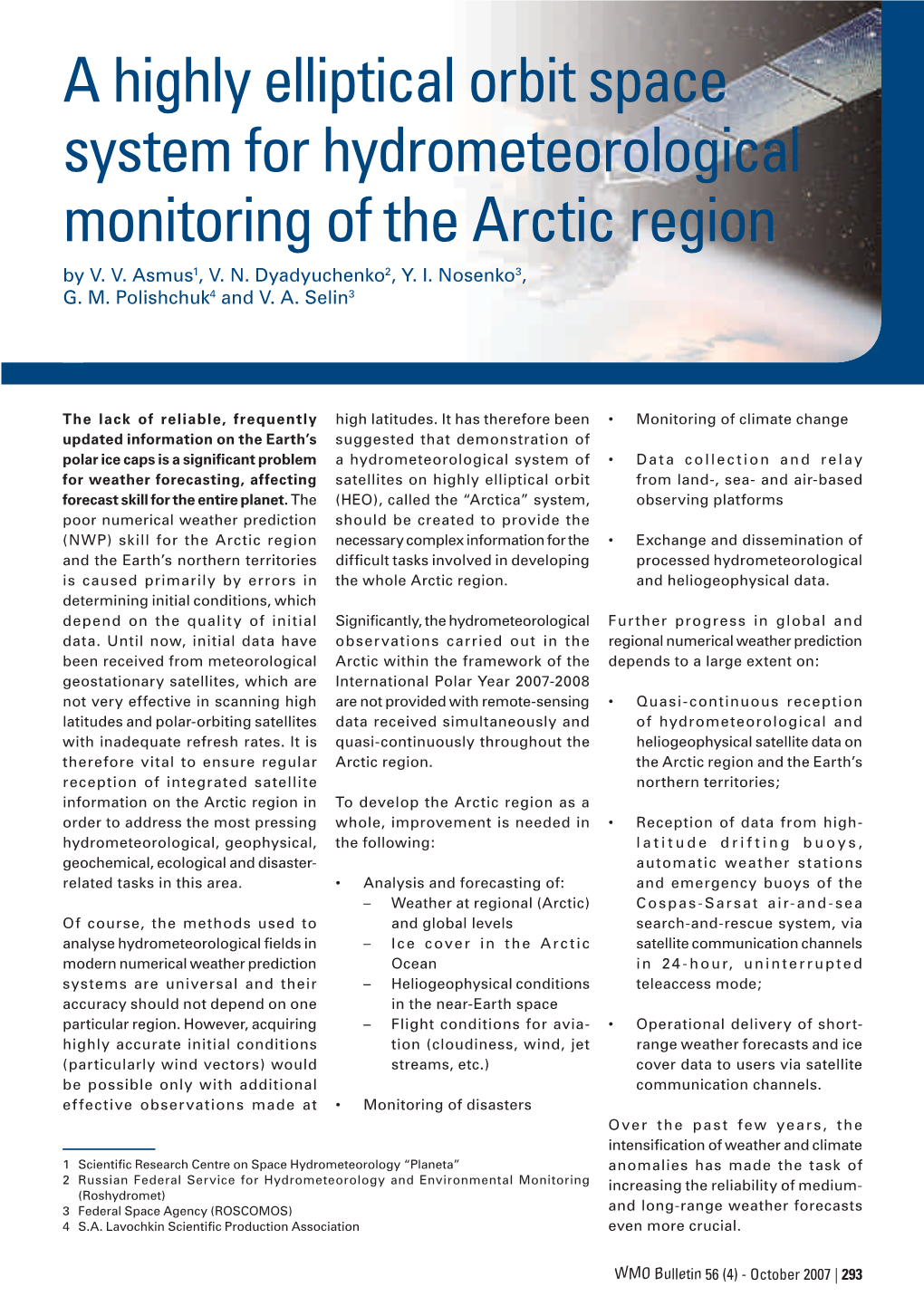 A Highly Elliptical Orbit Space System for Hydrometeorological Monitoring of the Arctic Region by V