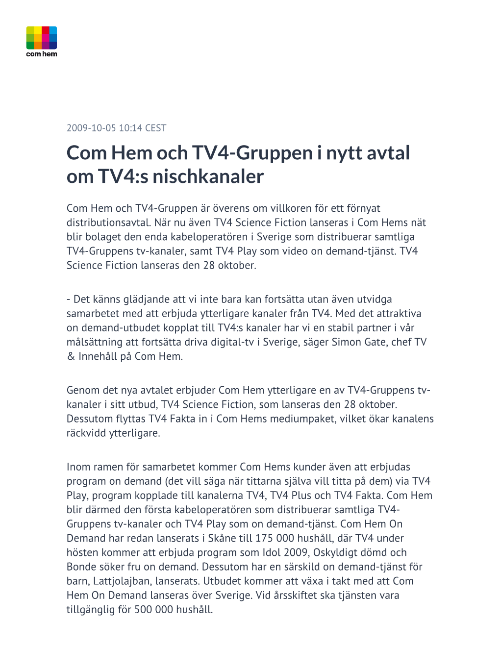 Com Hem Och TV4-Gruppen I Nytt Avtal Om TV4:S Nischkanaler