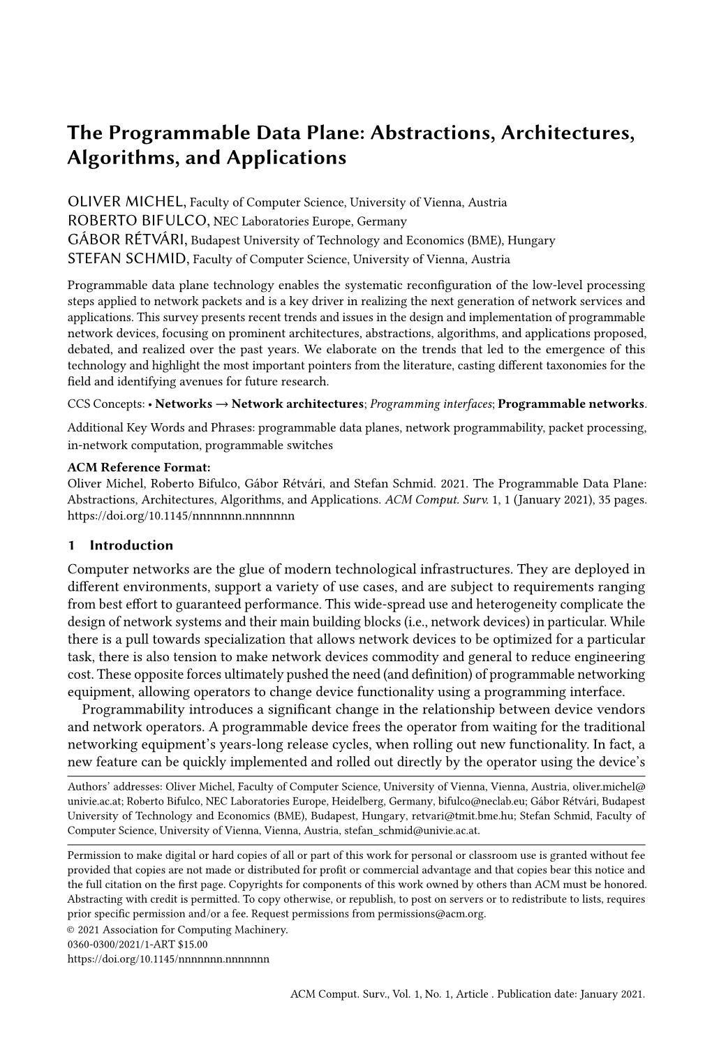 The Programmable Data Plane: Abstractions, Architectures, Algorithms, and Applications