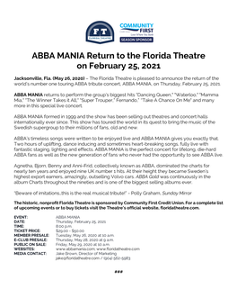ABBA MANIA Return to the Florida Theatre on February 25, 2021