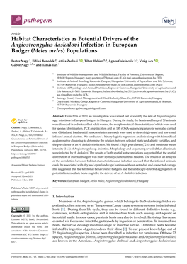 Habitat Characteristics As Potential Drivers of the Angiostrongylus Daskalovi Infection in European Badger (Meles Meles) Populations