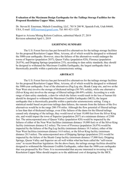 Evaluation of the Maximum Design Earthquake for the Tailings Storage Facilities for the Proposed Resolution Copper Mine, Arizona