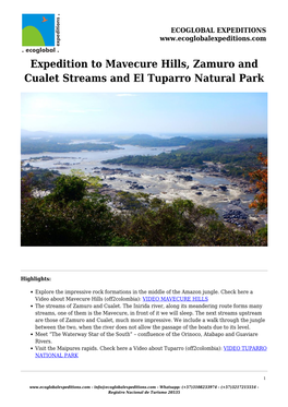 Expedition to Mavecure Hills, Zamuro and Cualet Streams and El Tuparro Natural Park