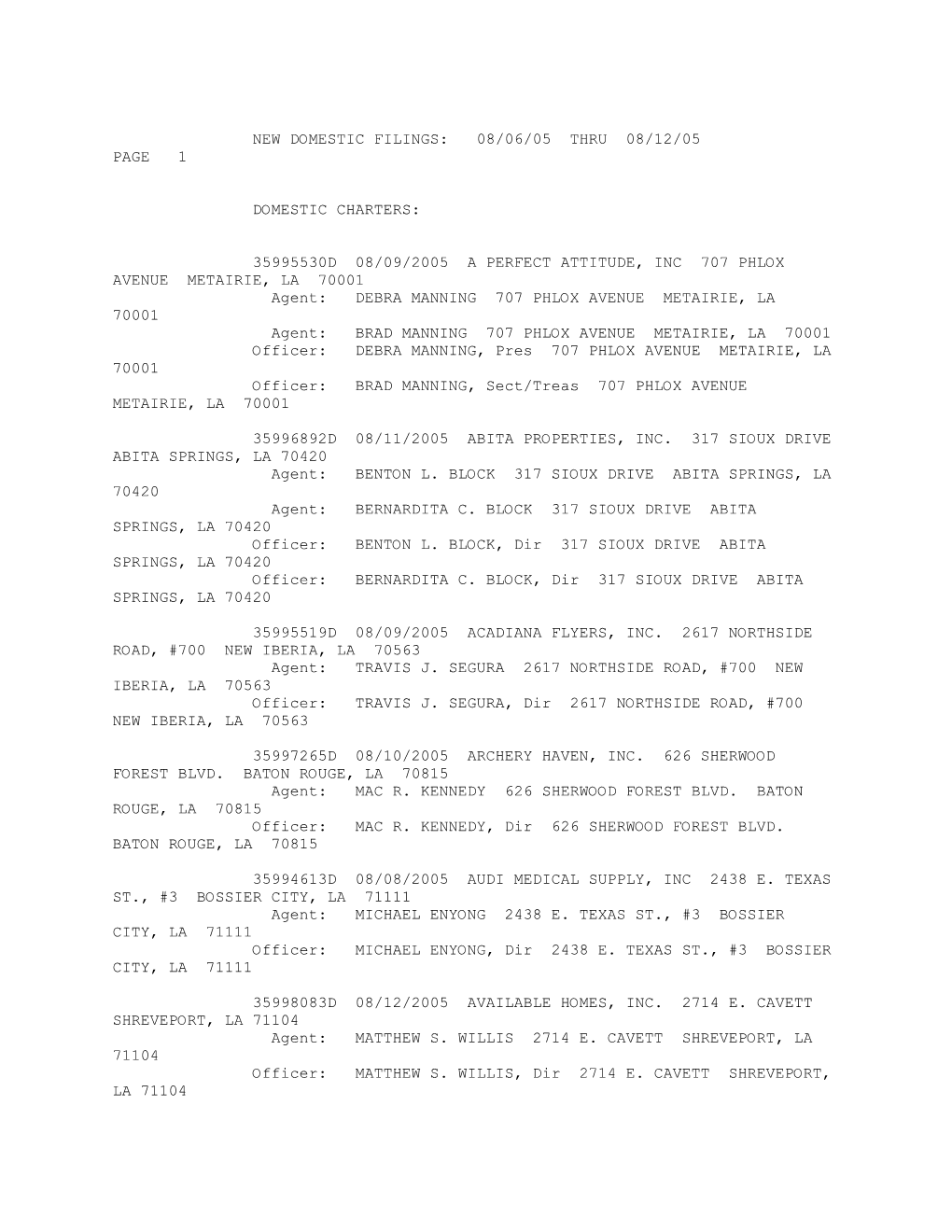 New Domestic Filings: 08/06/05 Thru 08/12/05 Page 1