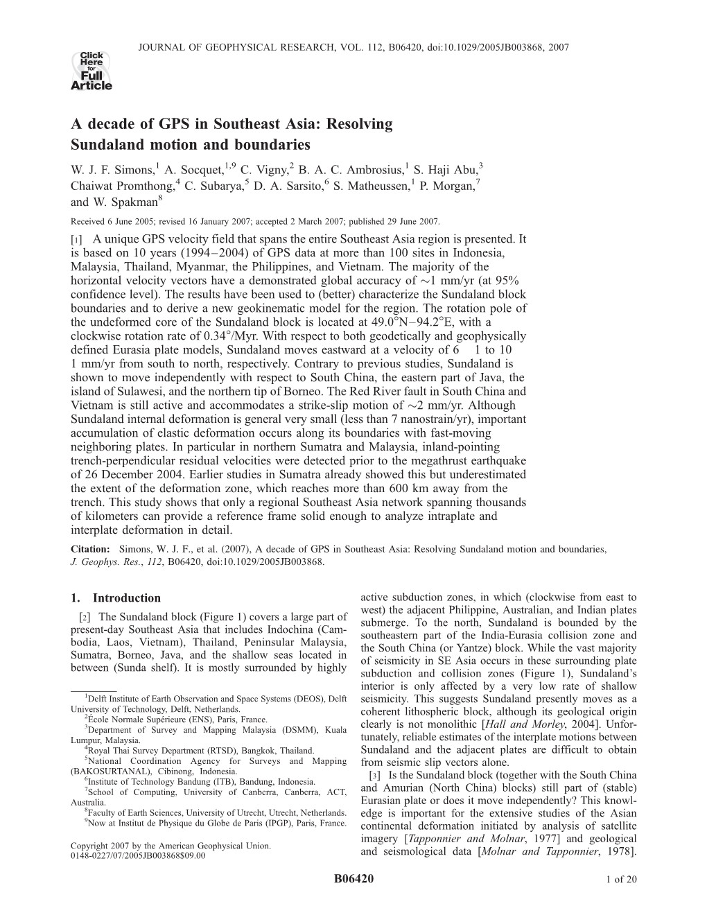 A Decade of GPS in Southeast Asia: Resolving Sundaland Motion and Boundaries W