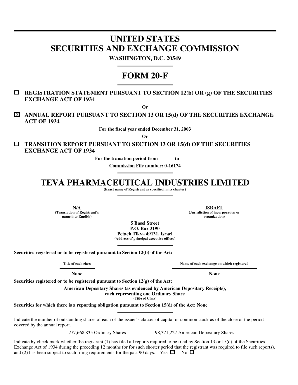 TEVA PHARMACEUTICAL INDUSTRIES LIMITED (Exact Name of Registrant As Specified in Its Charter)