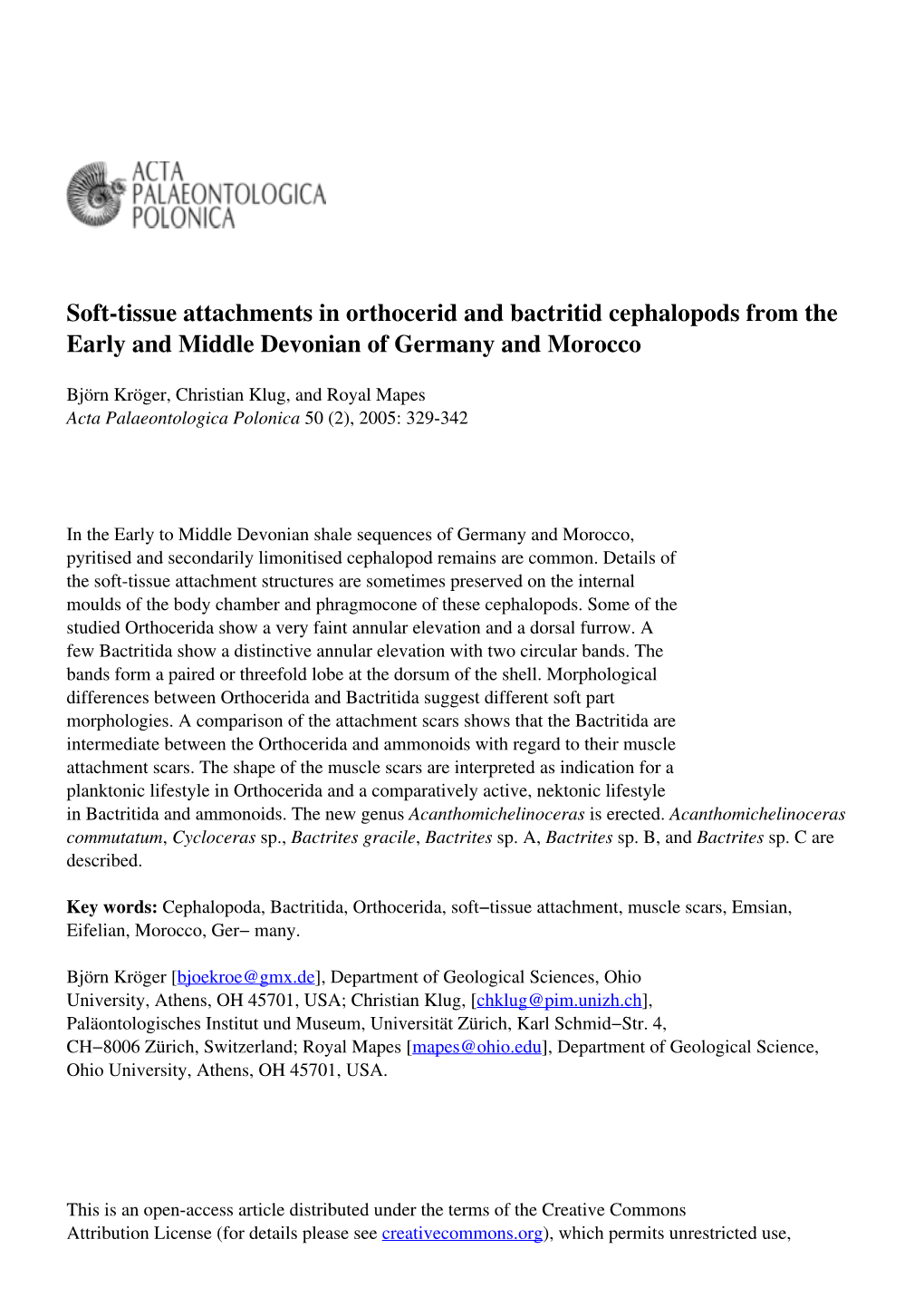 Soft-Tissue Attachments in Orthocerid and Bactritid Cephalopods from the Early and Middle Devonian of Germany and Morocco