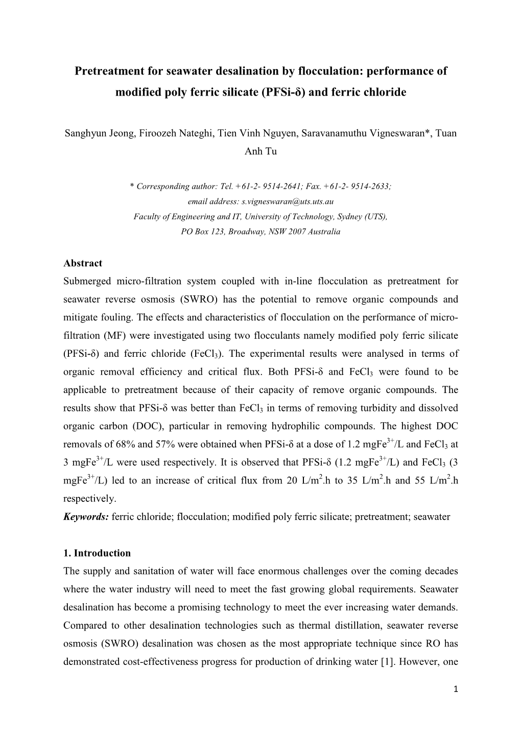 Pretreatment for Seawater Desalination by Flocculation: Performance of Modified Poly Ferric Silicate (Pfsi-Δ) and Ferric Chloride